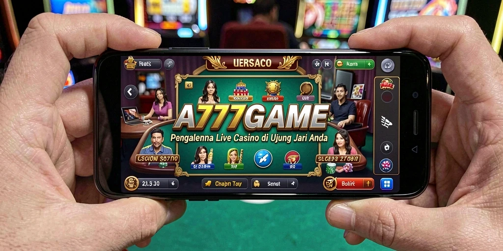 Screenshot gameplay A777GAME yang menunjukkan dealer langsung dan suasana kasino.