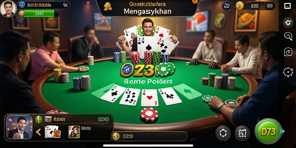 Screenshot gameplay D73 menampilkan suasana poker yang mendebarkan.