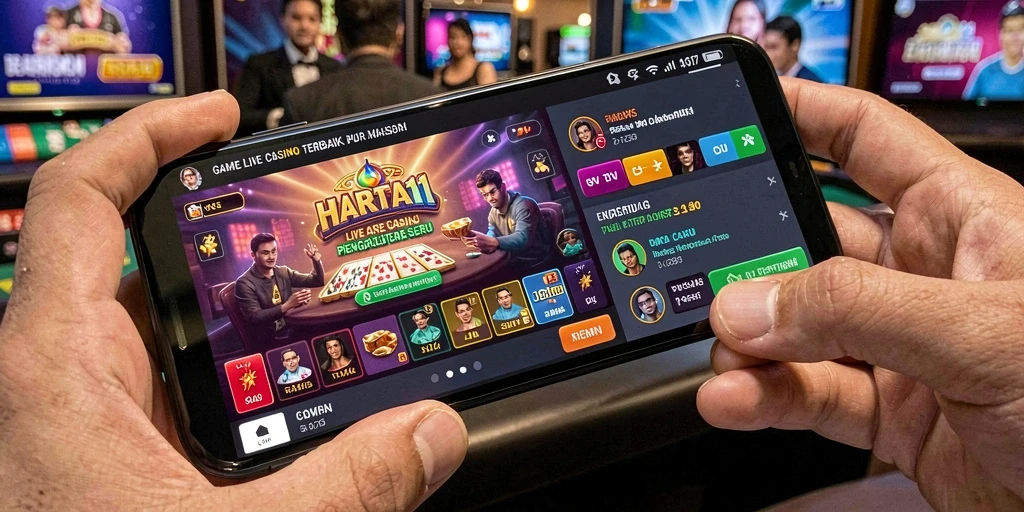 Tampilan gameplay HARTA11 yang menarik dengan dealer dan pemain interaktif.