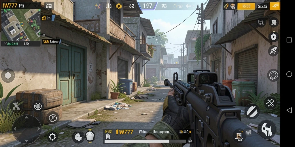 Tangkapan layar utama IW777 menampilkan aksi gameplay FPS yang mendebarkan.