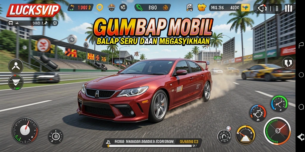 Screenshot utama LUCKSVIP menampilkan aksi balap mobil yang mendebarkan.