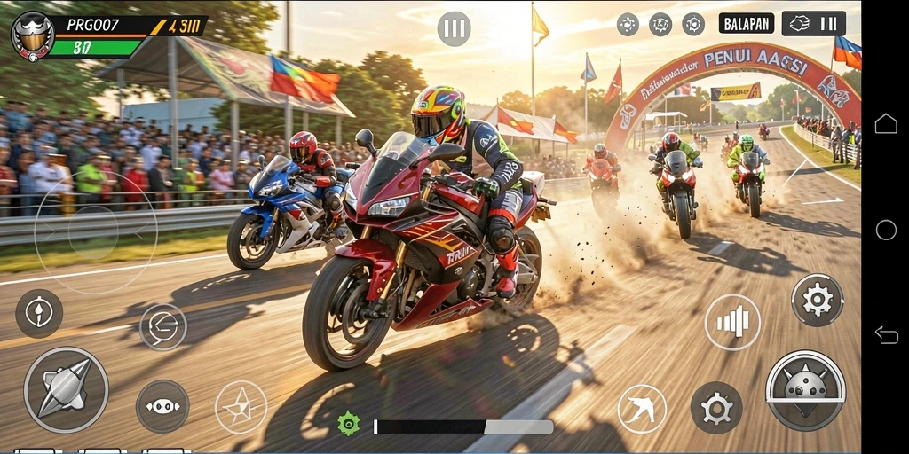 Gameplay mendebarkan dari PRG007 dengan balapan motor yang penuh aksi.