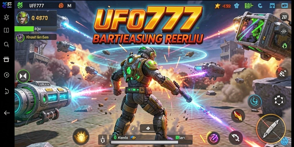 Screenshot utama menunjukkan aksi seru dalam pertempuran Battle Royale.
